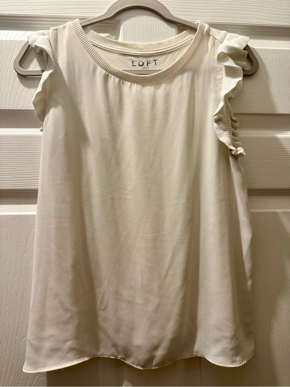 LOFT Cream Ruffle Cap-Sleeve Shell semi sheer